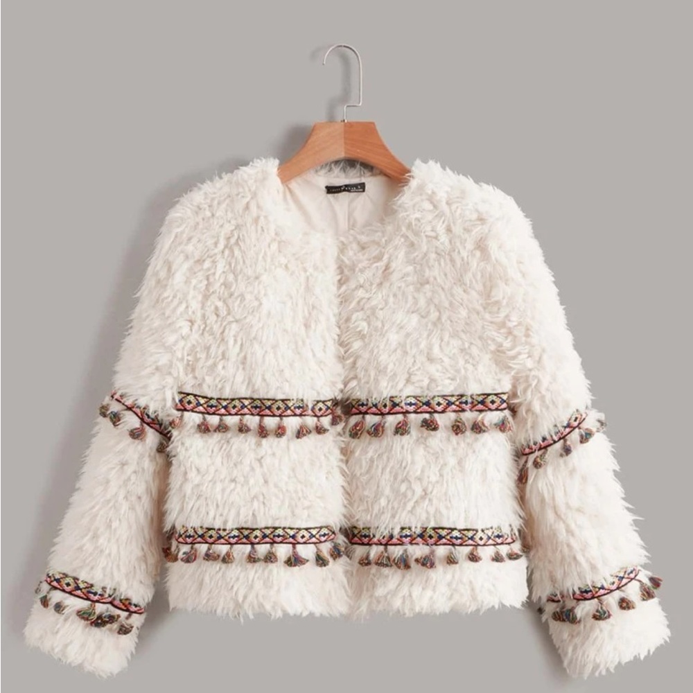 Tassel Teddy Faux Sherpa Boho Jacket - L